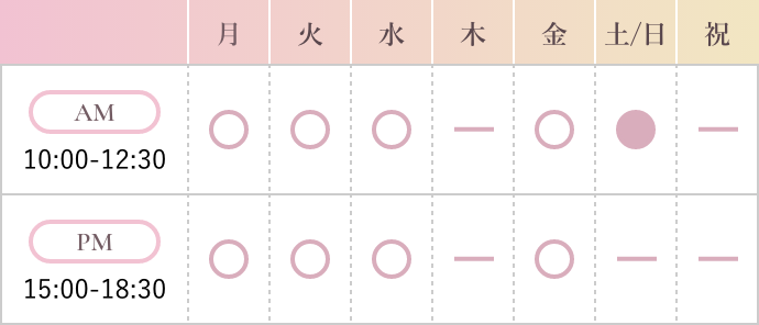 診療受付時間 月-金 10:00-12:30 / 15:00-18:30 土 9:00-14:30 [ 水・日・祝 / 休 ]